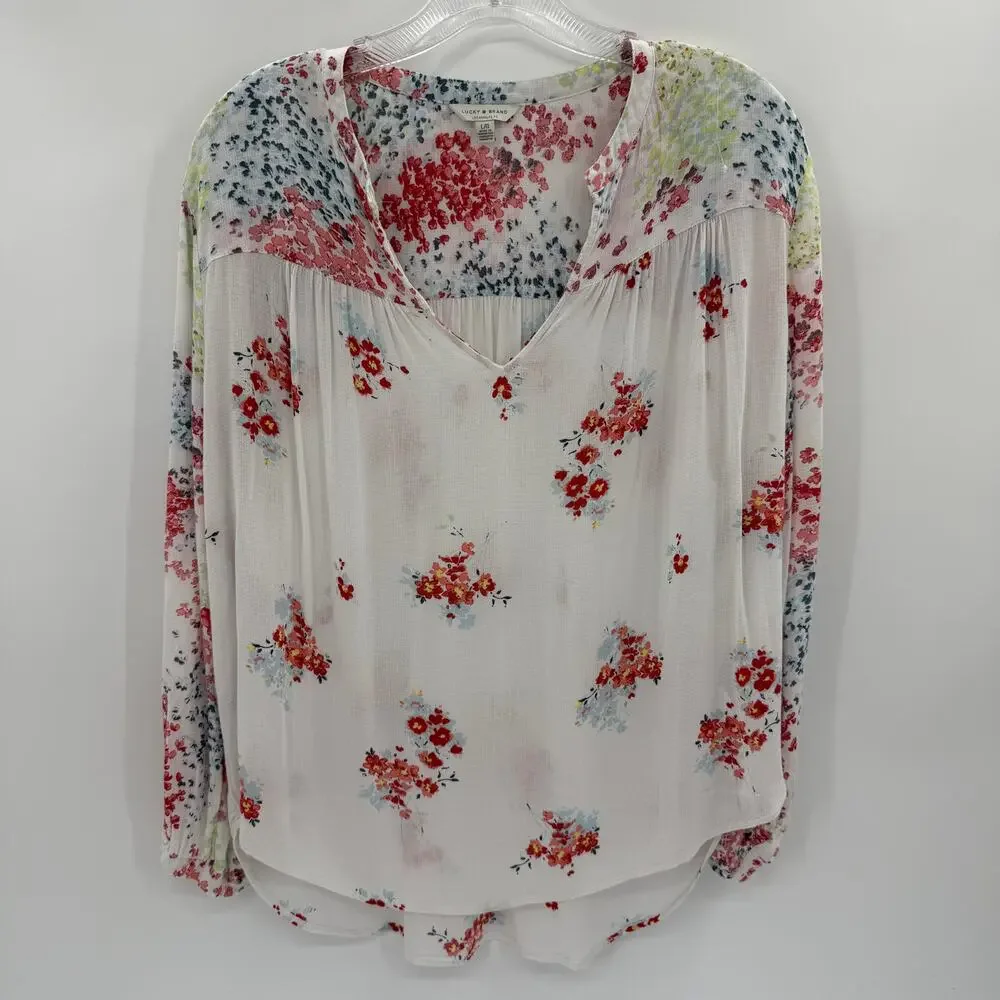 LUCKY BRAND Womens Floral Semi Sheer Shirt Size L Long Sleeve Boho Festival Top